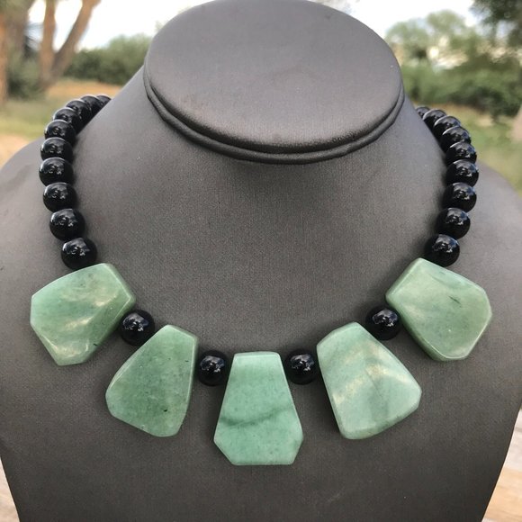 Conceptual Subculture Jewelry - Genuine Natural Jade Nephrite Black Onyx Cleopatra Necklace Sterling Silver 925